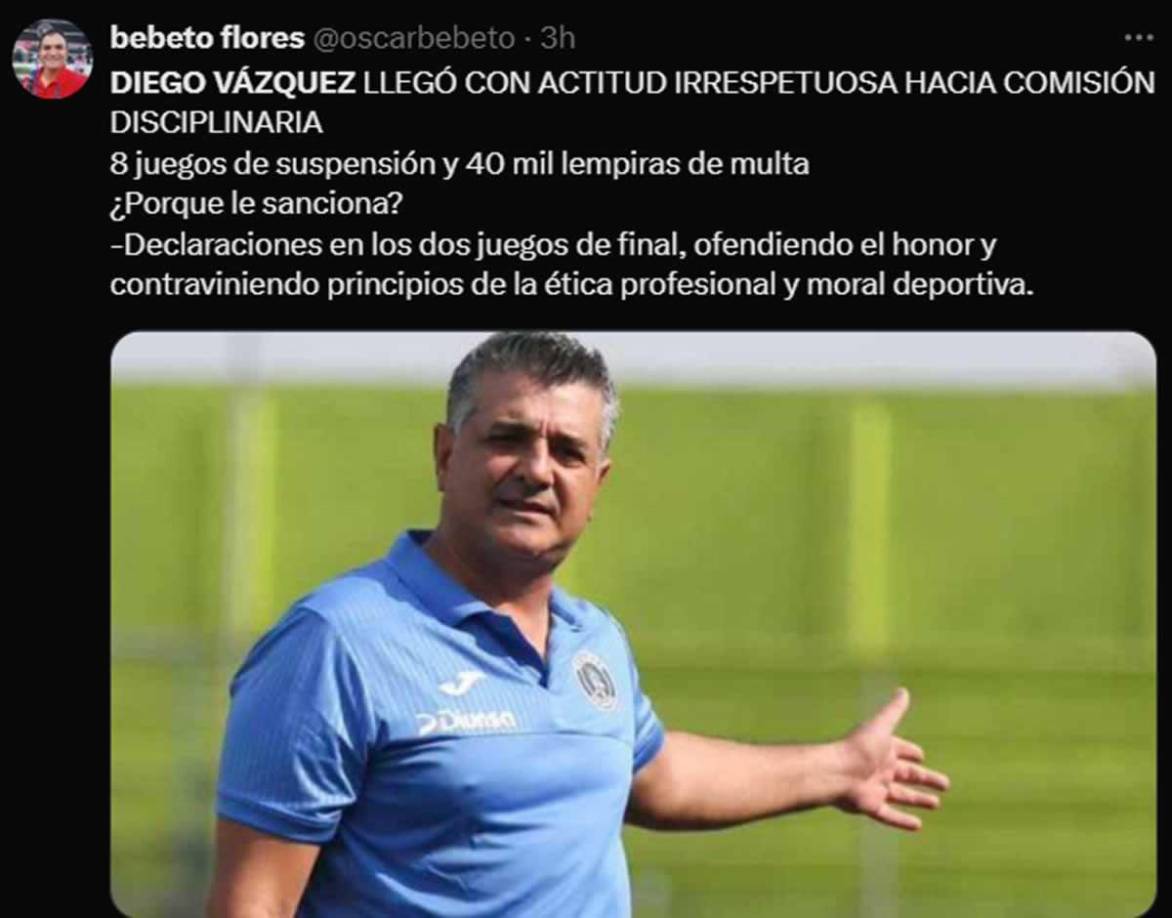 Bebeto Flores detalló que Diego Vázquez llegó “con actitud irrespetuosa hacia Comisión Disciplinaria”.