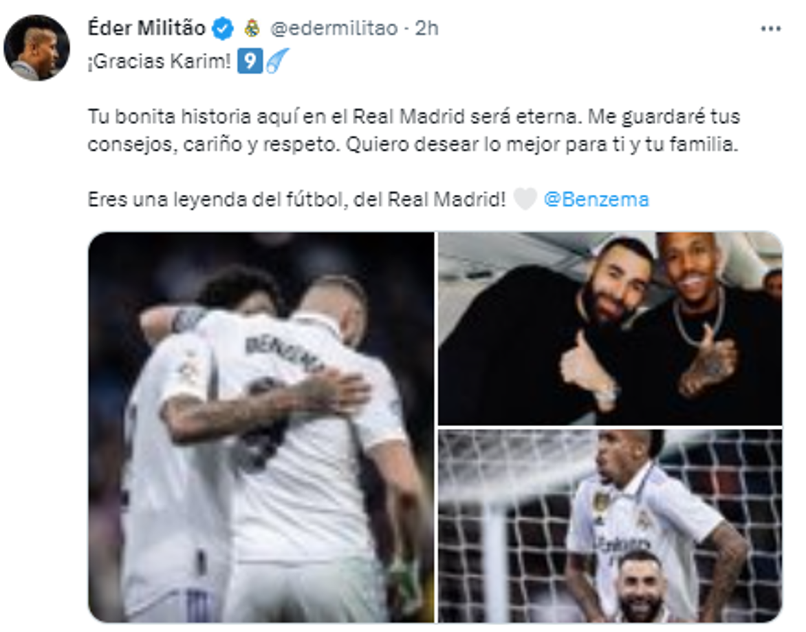 Militao: “Gracias Karim! Tu bonita historia aquí en el Real Madrid será eterna. Me guardaré tus consejos, cariño y respeto. Quiero desear lo mejor para ti y tu familia. Eres una leyenda del fútbol, del Real Madrid!”, escribió junto a fotos con Benzema.