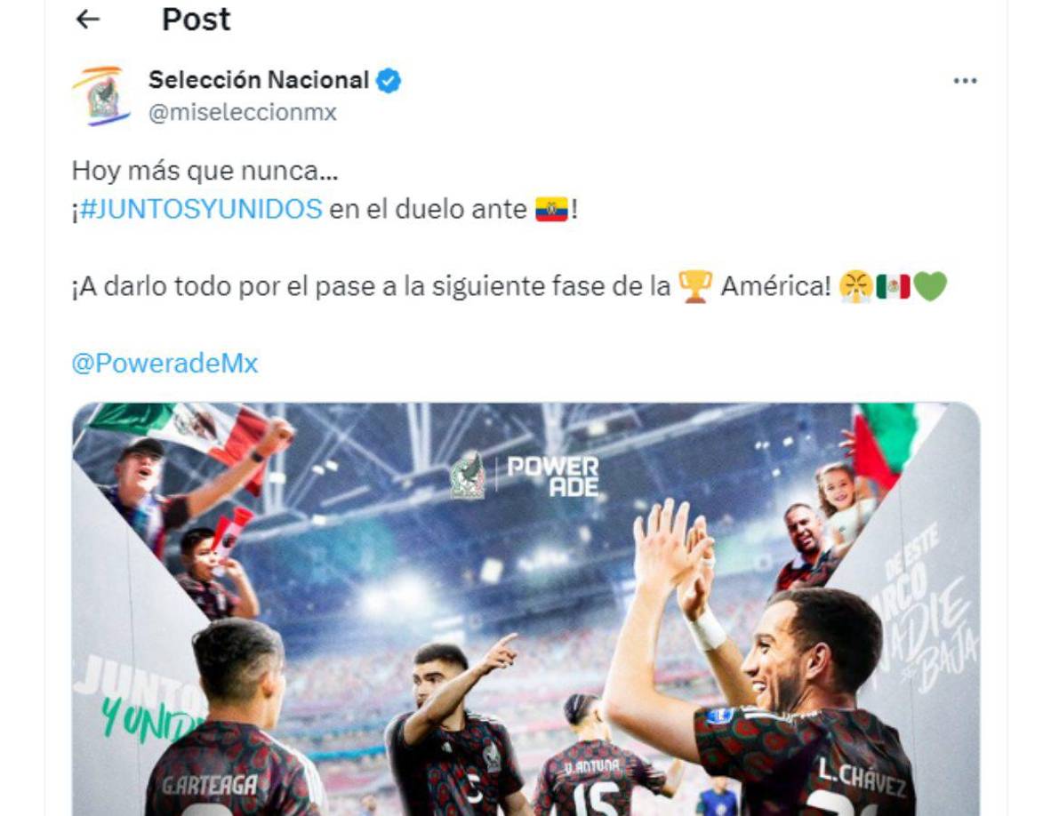 La selección de México dejó este mensaje en sus redes sociales en donde pide el apoyo de sus aficionados para la batalla ante Ecuador.