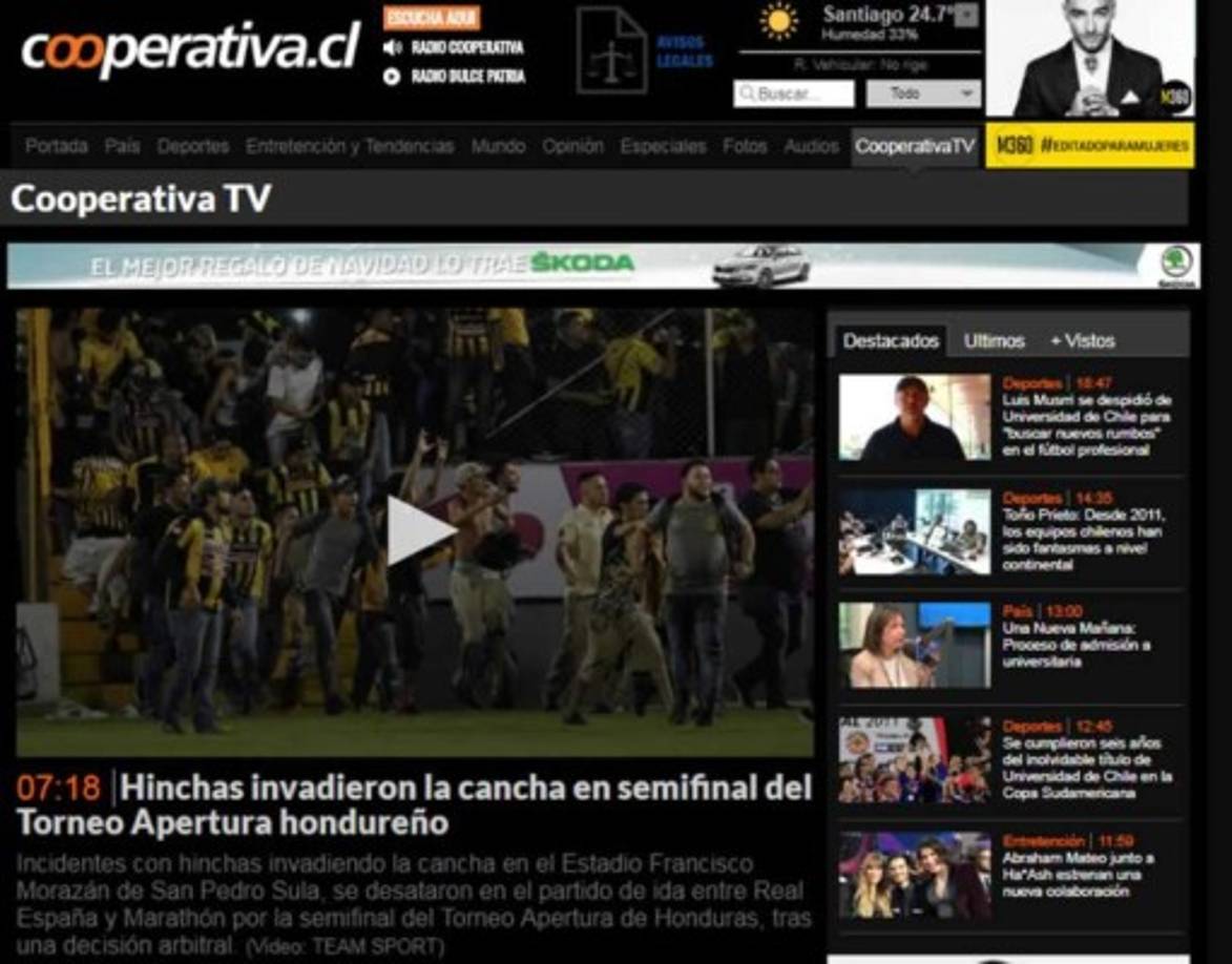 Cooperativa de Chile: 'Hinchas invadieron la cancha en semifinal del Torneo Apertura hondureño'. 'Incidentes con hinchas invadiendo la cancha en el Estadio Francisco Morazán de San Pedro Sula, se desataron en el partido de ida entre Real España y Marathón por la semifinal del Torneo Apertura de Honduras, tras una decisión arbitral'.