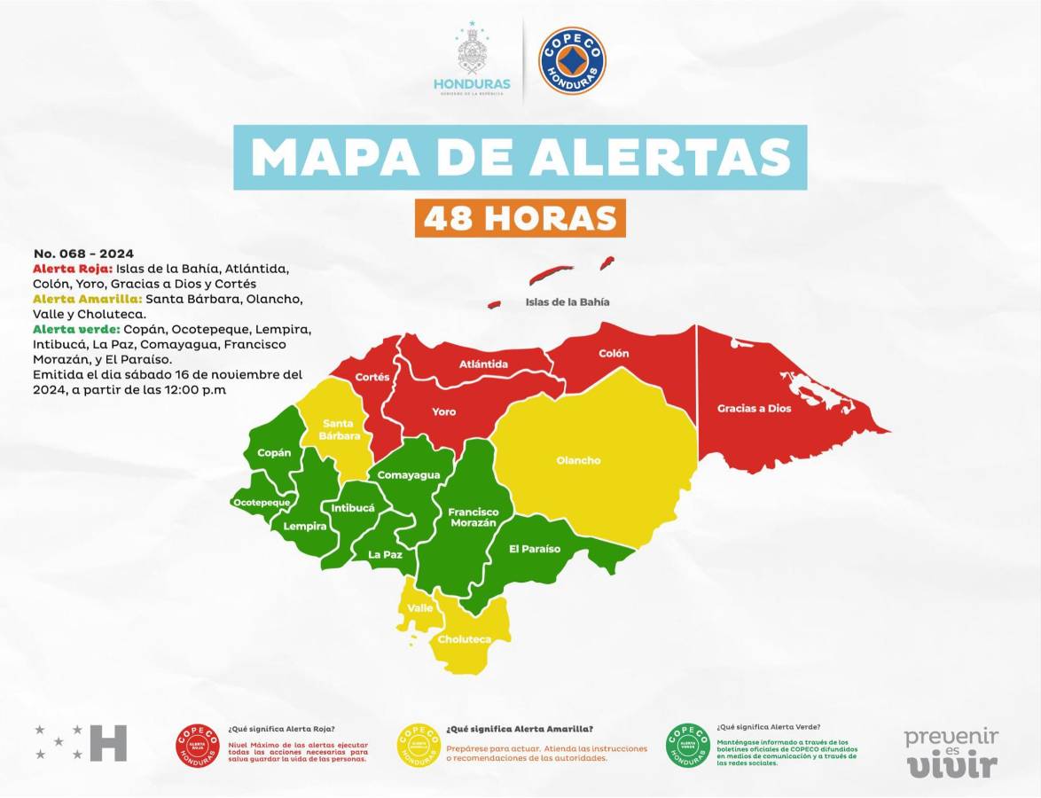 Mapa de alertas emitido al mediodía de este sábado 16 de noviembre en Honduras.