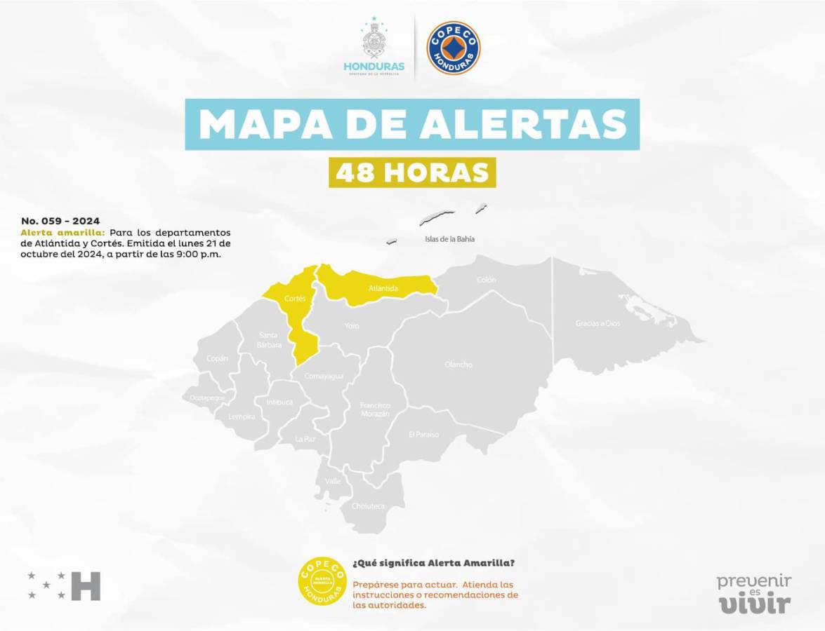 Atlántida y Cortés son los departamentos en alerta amarilla.