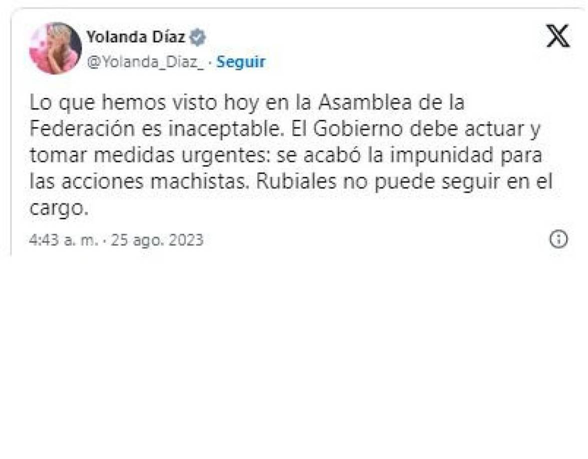 Irene Montero, Ministra de igualdad de España, “El Sr. Rubiales sigue sin saber dónde está ni lo que ha hecho. No está a la altura. Debe dimitir ya y ahorrarnos el bochorno”.
