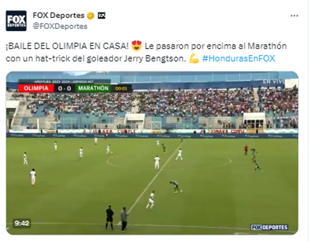 Fox Deportes: “¡BAILE DEL OLIMPIA EN CASA! Le pasaron por encima al Marathón con un hat-trick del goleador Jerry Bengtson”.
