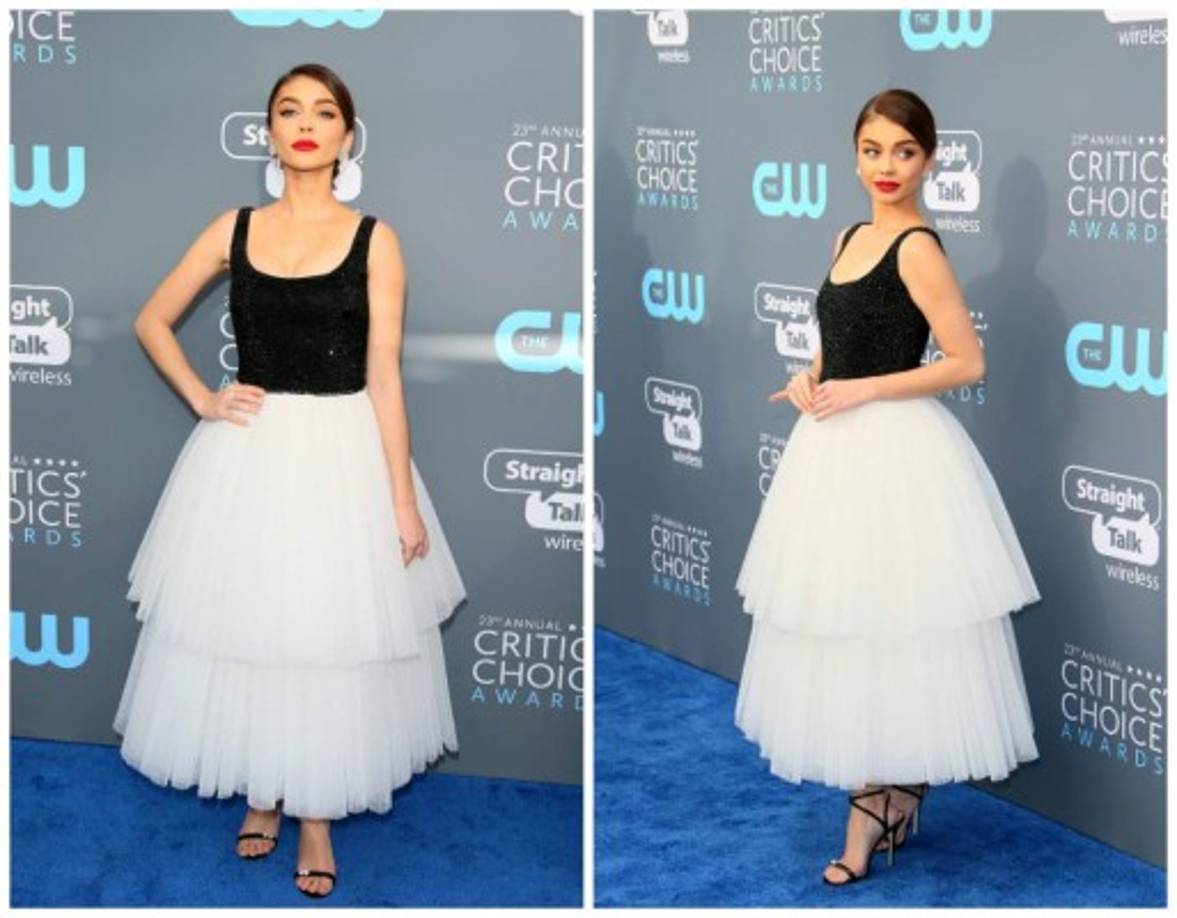 Sara Hyland usó un vestido sencillo pero muy sofisticado y elegante. La joven de 27 años optó por un diseño con falda de tul blanca y corpiño negro con detalles brillantes.<br/>