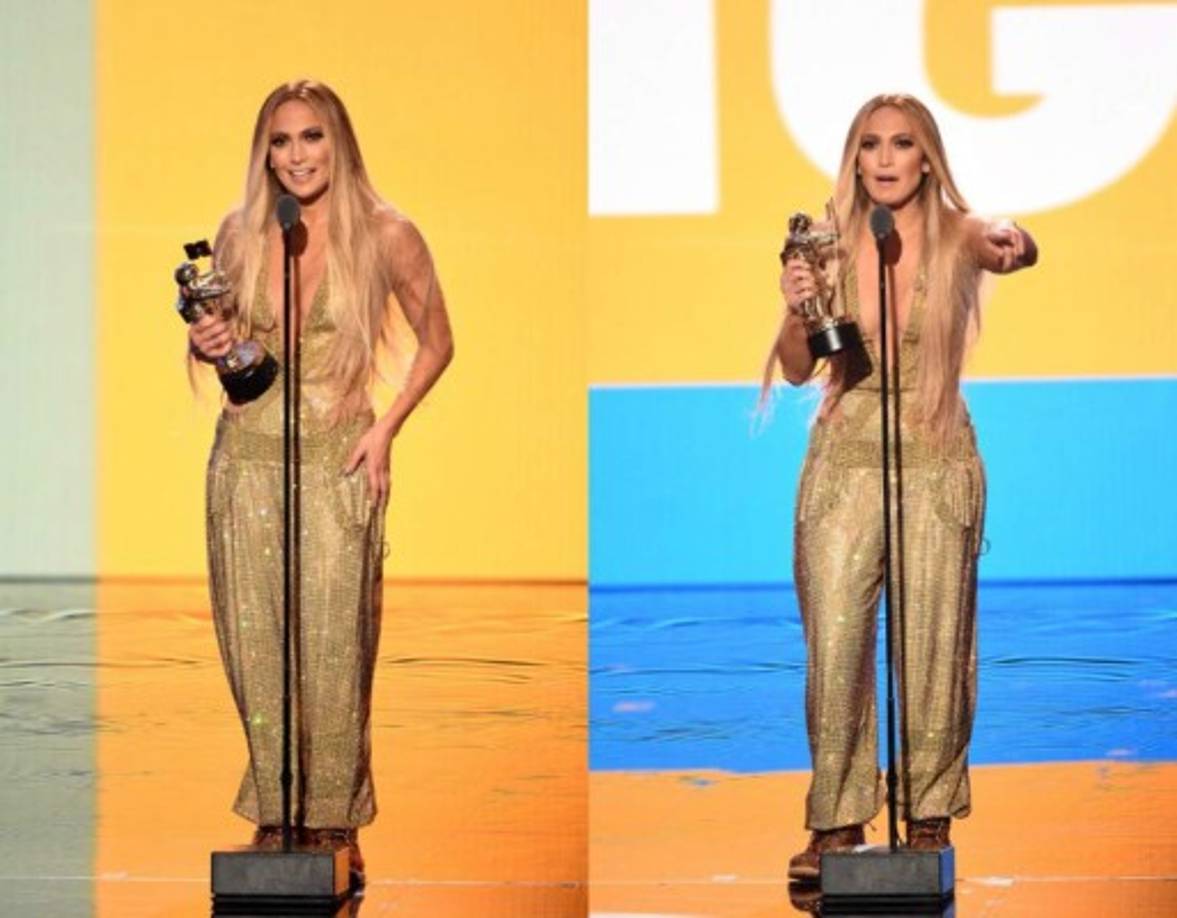 Para aceptar el premio Michael Jackson Video Vanguard, JLo se quitó el chaleco y dio un sincero discurso en el que agradeció a sus hijos y a su novio Alex Rodríguez. <br/><br/>