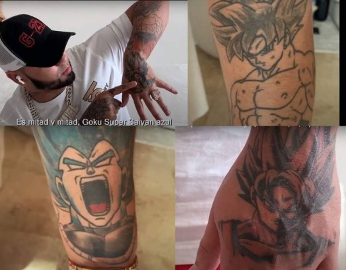 Su brazo izquierdo es su lado “infantil”, donde lleva varios tatuajes de los dibujos animados Dragón Ball Z, incluyendo varias versiones de Goku y uno de Vegeta.