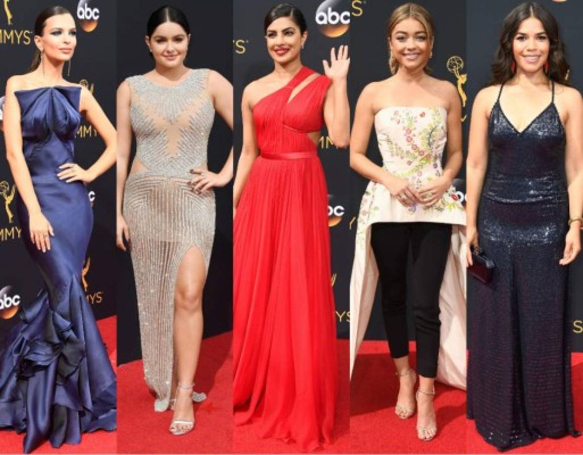 Emily Ratajkowski, Ariel Winter, Priyanka Chopra, Sarah Hyland y América Ferrera en la alfombra roja de los Emmy 2016.
