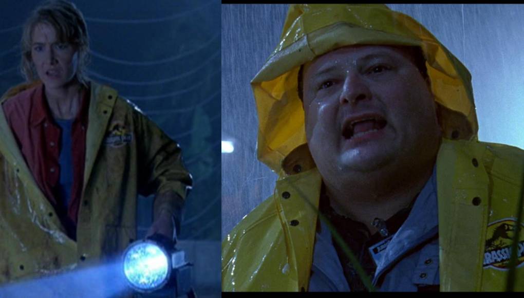 <b>“Jurassic Park” </b><b>Prenda:</b> Los protagonistas de la parte 1 de “Jurassic Park”, utilizan varios impermeables de color amarillo. <b>Sinopsis:</b> El multimillonario John Hammond hace realidad su sueño de clonar dinosaurios del Jurásico y crear con ellos un parque temático en una isla. Antes de abrir el parque al público general, Hammond invita a una pareja de científicos y a un matemático para que comprueben la viabilidad del proyecto. Sin embargo, el sistema de seguridad falla y los dinosaurios se escapan.