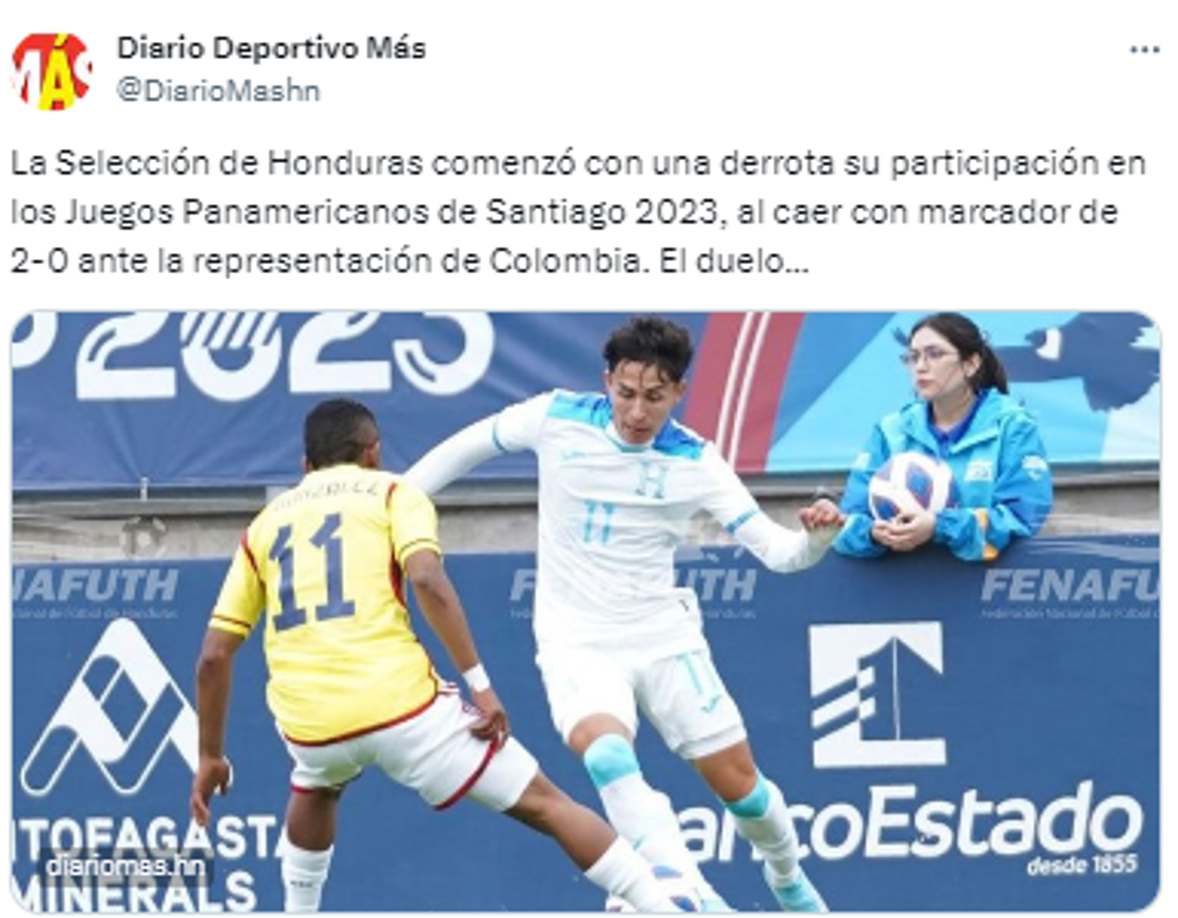 Diario Deportivo Más: “La Selección de Honduras comenzó con una derrota su participación en los Juegos Panamericanos de Santiago 2023”.