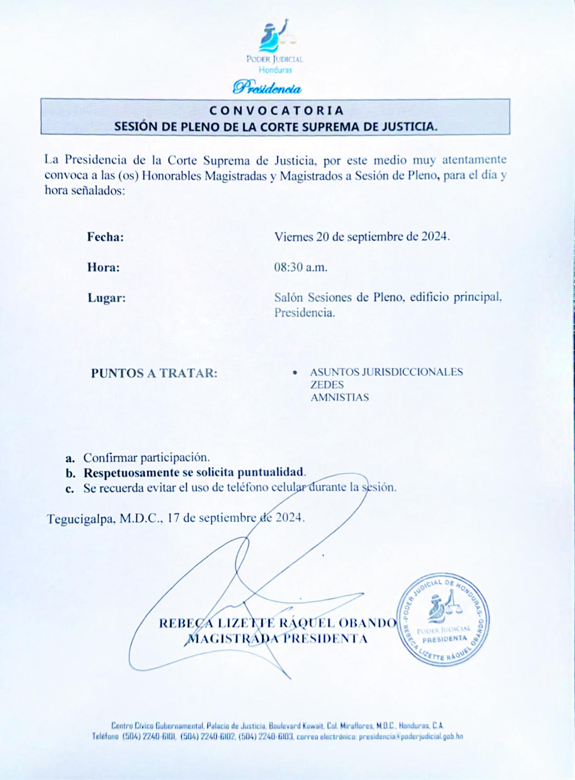 El oficio con la convocatoria oficial girada desde la presidencia.