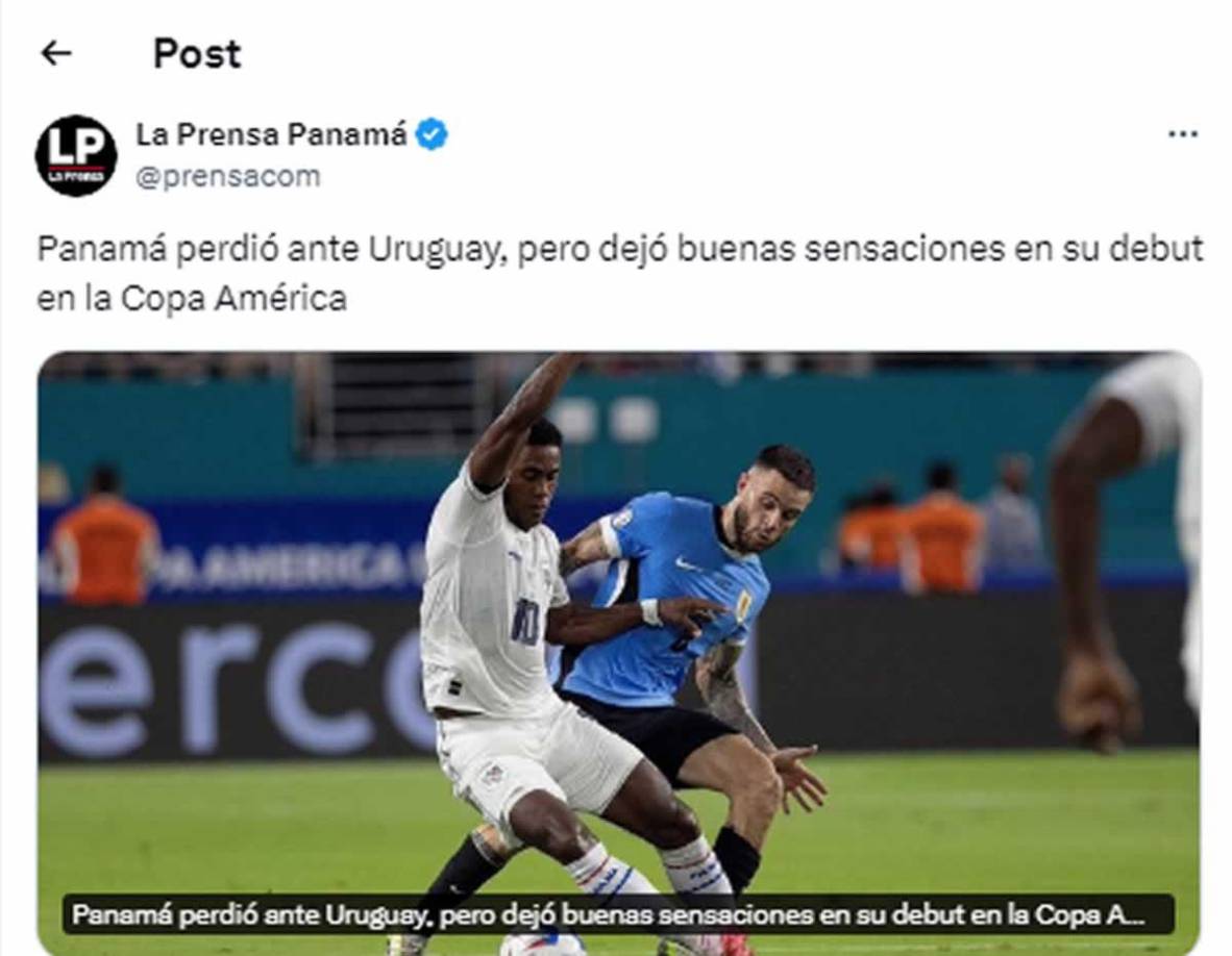Diario La Prensa Panamá - “Panamá perdió ante Uruguay, pero dejó buenas sensaciones en su debut en la Copa América”.
