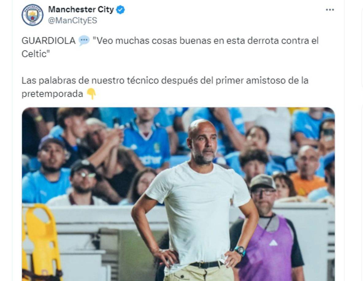”Veo muchas cosas buenas en esta derrota contra el Celtic”, así se pronunció Pep Guardiola luego de que su Manchester City perdió con el gol del hondureño Luis Palma. 
