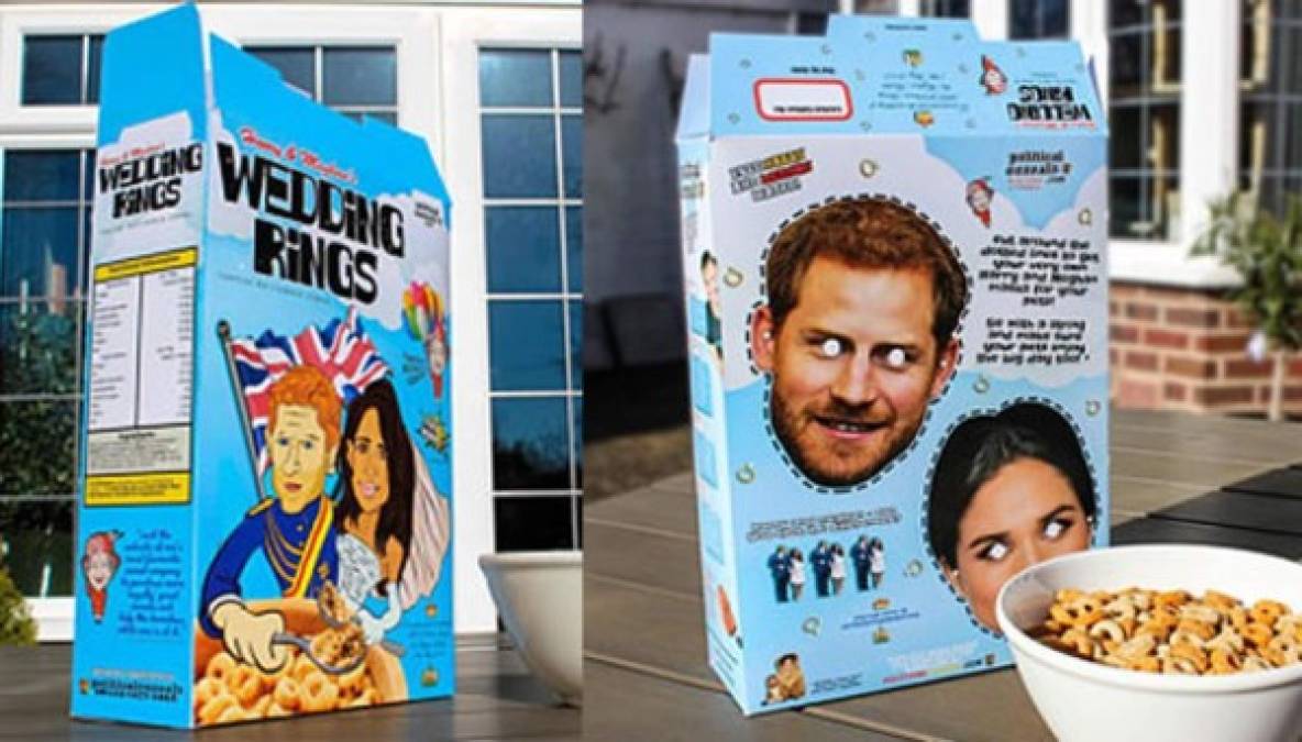 1- Una cereal conmemorativo para desayunar inspirado en la realeza, lo mejor, puedes cortar la parte trasera para tener una máscara de Harry y Meghan.