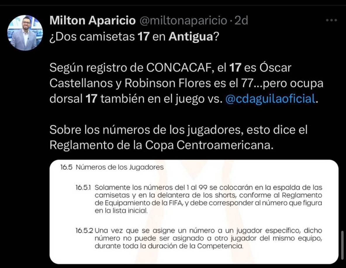 El periodista de El Salvador, Milton Aparicio, se percató y explicó lo que dice el reglamento de la Copa Centroamericana sobre los números de los jugadores.