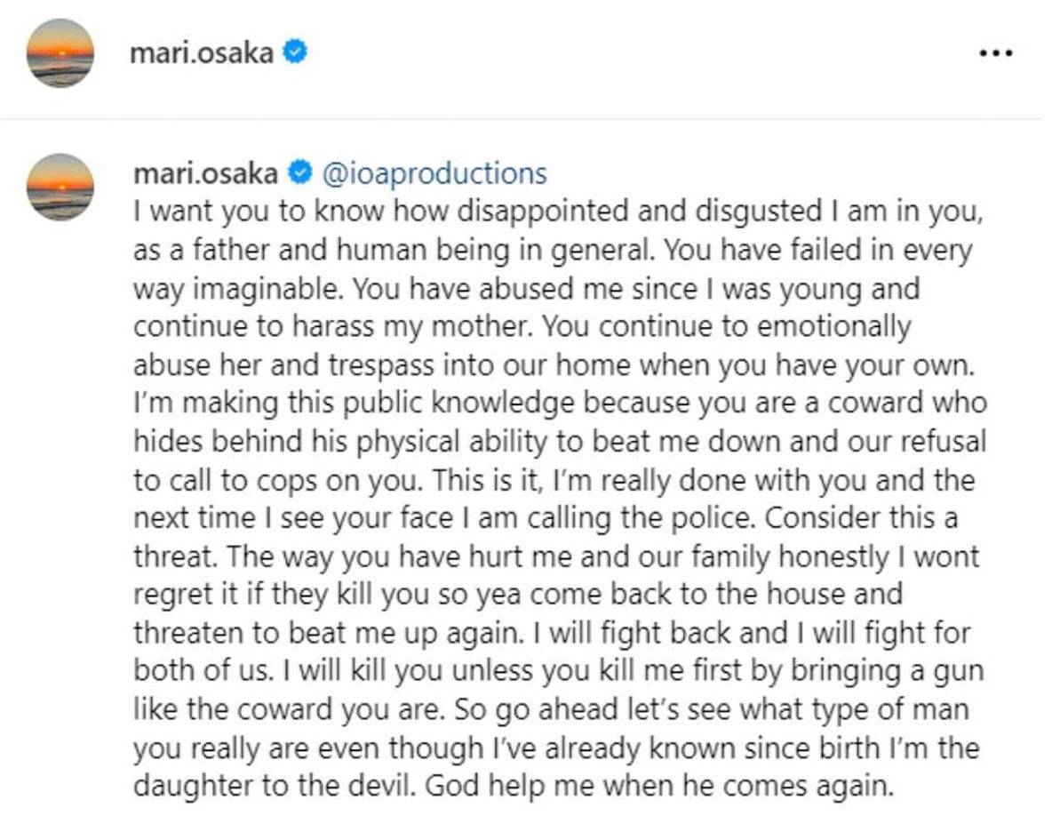 La denuncia de Mari Osaka en su cuenta oficial de Instagram. Posteriormente lo borró. 