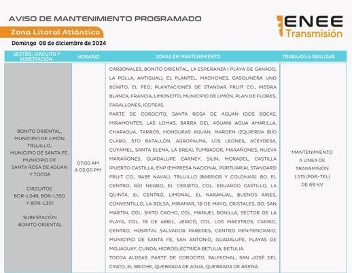 Municipios de Colón sin luz este domingo. 