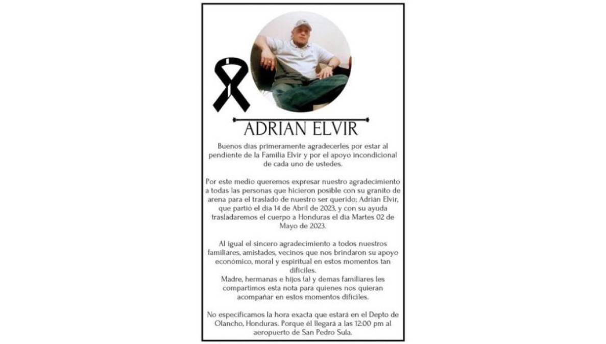 Adrián Elvir murió el viernes 14 abril luego de un asalto. Durante el suceso otro hondureño resultó herido.