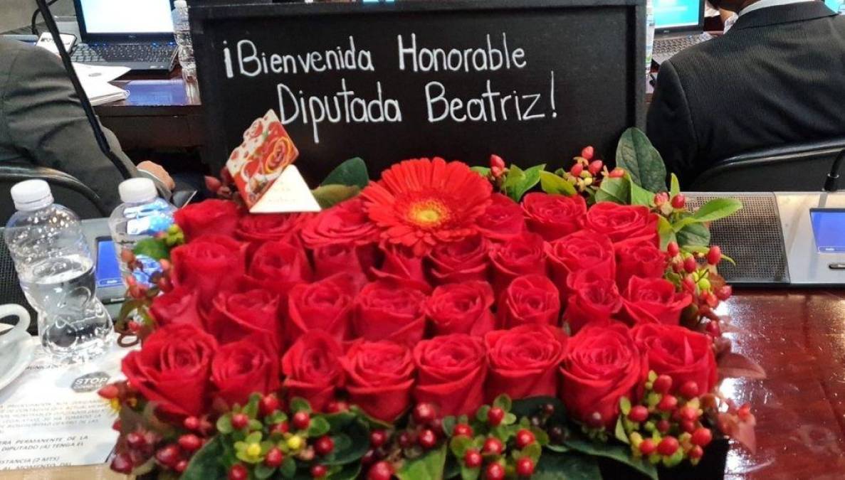 Un grupo de 17 diputados del Partido Libre la recibió con flores. “Gracias (...) por el regalo de bienvenida y sus cariñosos abrazos. Las flores alegran mucho la vida. Me encantan”, dijo ella.