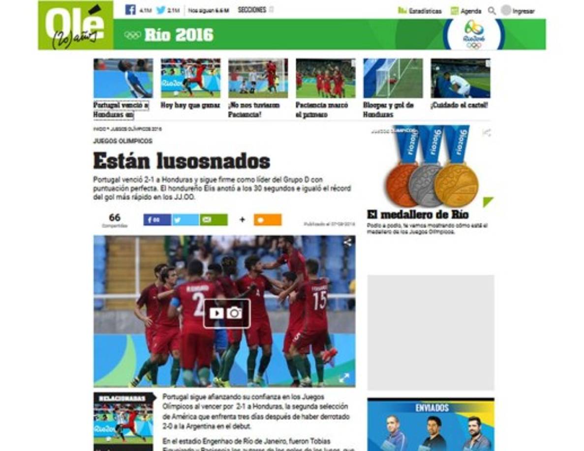 Diario Olé de Argentina: 'Están lusosnados. Portugal venció 2-1 a Honduras y sigue firme como líder del Grupo D con puntuación perfecta. El hondureño Elis anotó a los 30 segundos e igualó el récord del gol más rápido en los JJ.OO'.