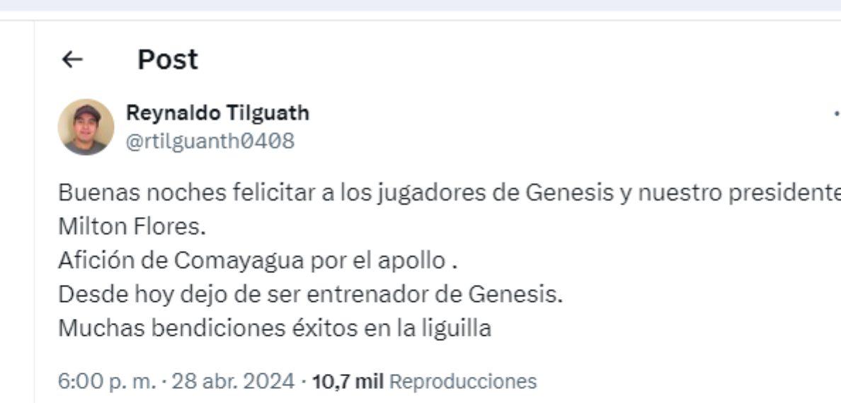 ¡Sorpresa! Tilguath renuncia del Génesis antes de disputar el repechaje