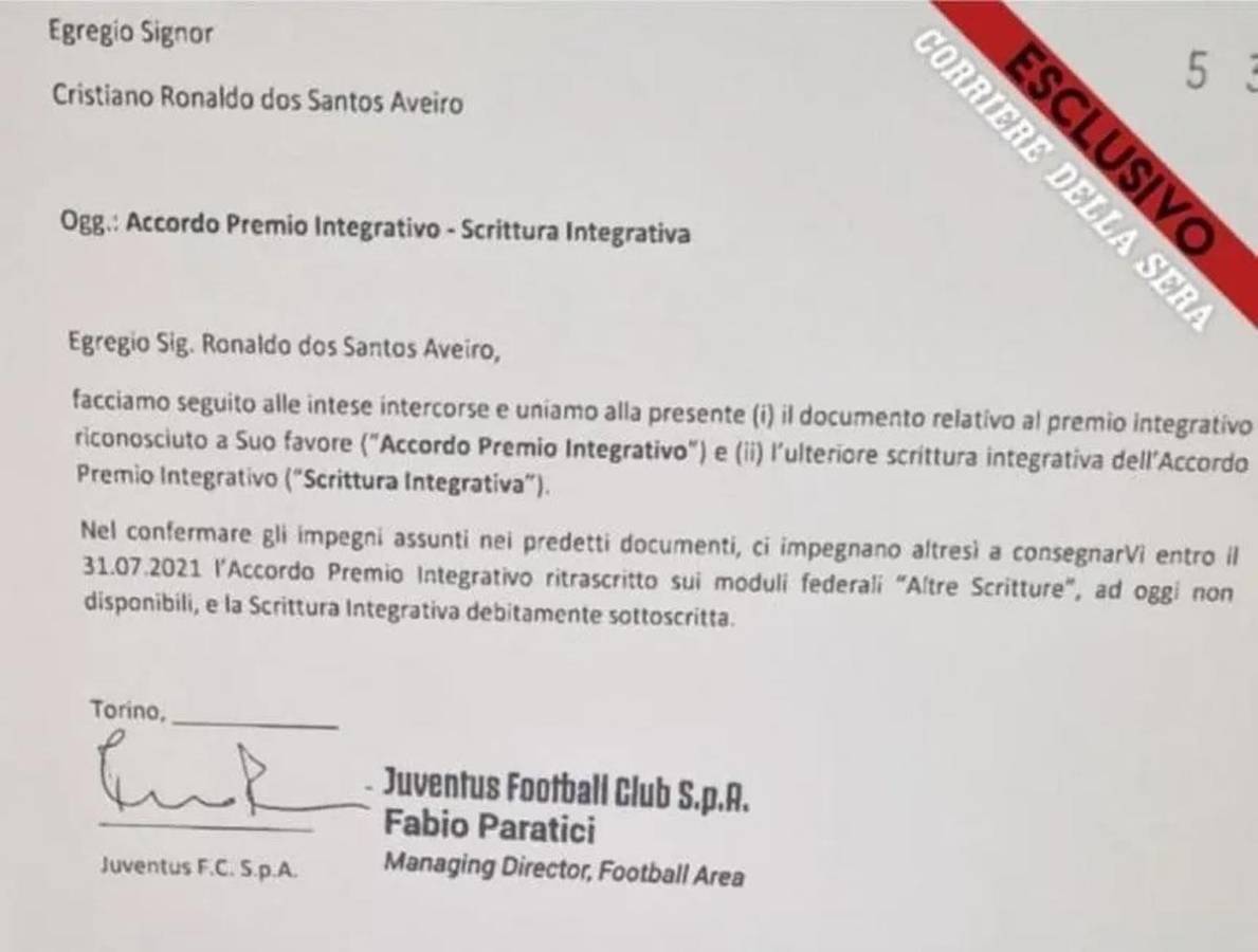 La carta que realizó la Juventus a Cristiano Ronaldo para el cobro de 19.6 millones de euros.