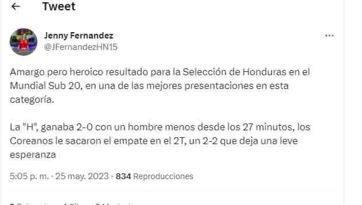 La periodista hondureña Jenny Fernández: “Amargo pero heroico resultado para Honduras. “
