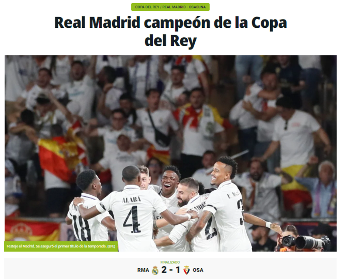 Diario Olé de Argentina: “Real Madrid campeón de la Copa del Rey”.