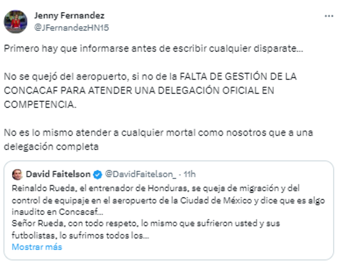 Jenny Fernández de DIEZ respondió a las polémicas declaraciones de Faitelson hacia Rueda: “Primero hay que informarse antes de escribir cualquier disparate...no se quejó del aereopuerto, sino de la falta de gestión de la Concacaf para atender a la delegación”.