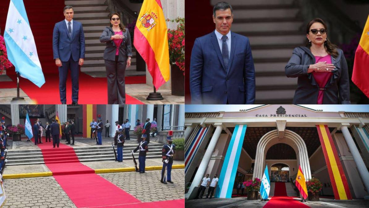 El presidente de de España, Pedro Sánchez, fue recibido este viernes en la entrada de Casa Presidencial, por la mandataria hondureña Xiomara Castro y el secretario privado Héctor Manuel Zelaya.