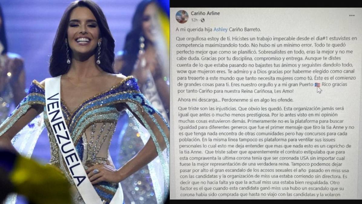 Miss Venezuela Amanda Dudamel. En la siguiente imagen un extracto del texto publicado por la madre de Miss Puerto Rico.