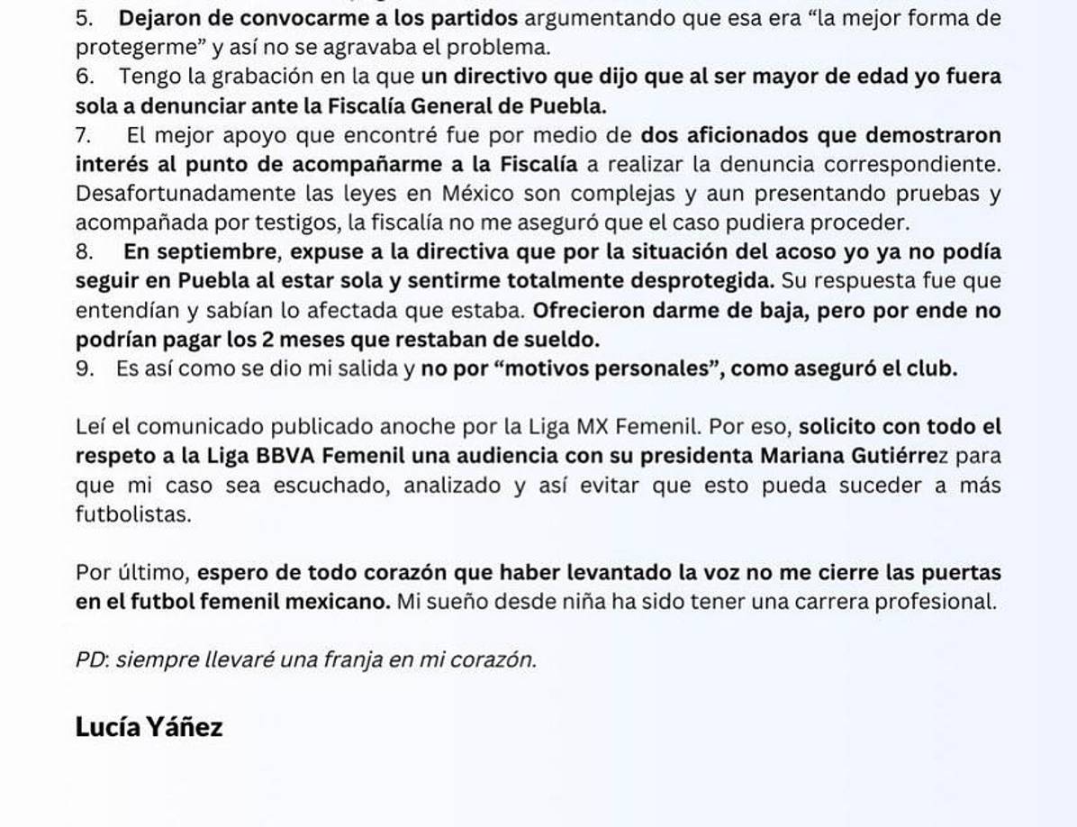 Lucía Yáñez aclaró que su salida no se debió a razones personales como lo comunicó el Puebla.