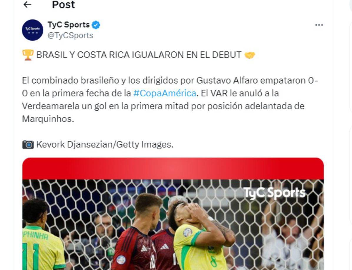 ”Brasil y Costa Rica igualaron en el debut”, indica TyC Sports de Argentina.