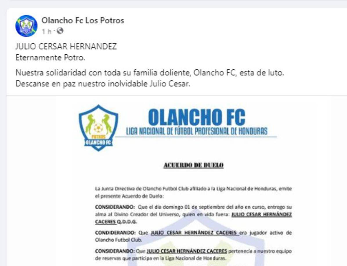 Olancho FC mostró sus muestras de solidaridad por la muerte de Julio Hernández.