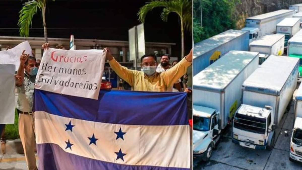 Hondeando la bandera de Honduras y con carteles de agradecimiento, miles de compatriotas salieron a las calles a la llegada de los camiones que contenían la ayuda enviada por El Salvador a los damnificados por Eta.