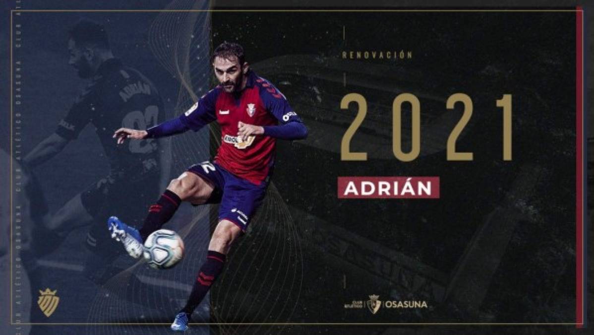 El Osasuna ha anunciado la renovación de contrato del delantero español Adrián López, que ha firmado por una temporada más con una cláusula de rescisión de 25 millones de euros. El atacante asturiano, de 32 años, llegó a Osasuna el pasado verano procedente del Oporto y en la pasada temporada tan solo marcó dos goles en 26 partidos de LaLiga Santander, pero el club navarro ha decidido renovar su confianza.