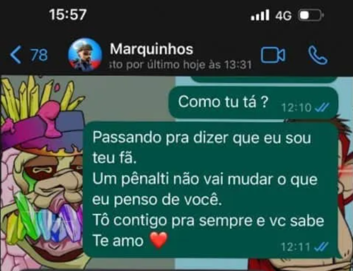 CHAT CON MARQUINHOS Neymar: “¿Cómo estas? Paso para decirte que soy tu fan. Un penal no va a cambiar lo que pienso de ti. Estoy contigo para siempre