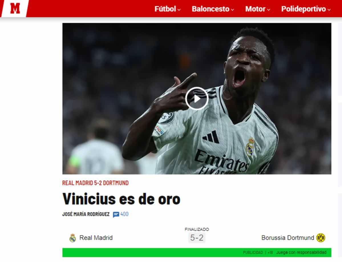 Diario Marca alaba la gran actuación del brasileño para la remontada del Real Madrid contra el Borussia Dortmund: “Vinicius es de oro”.
