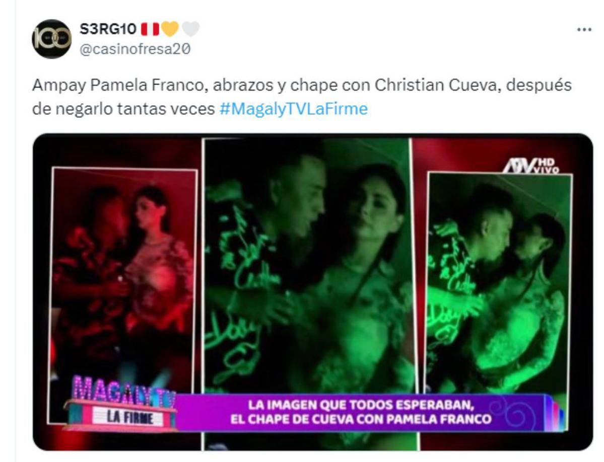 Luego de varios meses intentando ocultar un romance, finalmente fueron captados juntos. Pamela Franco y Christian Cueva se dejaron ver juntos y dándose románticos besos en una discoteca y las cámaras de Magaly TV La Firme los captaron.