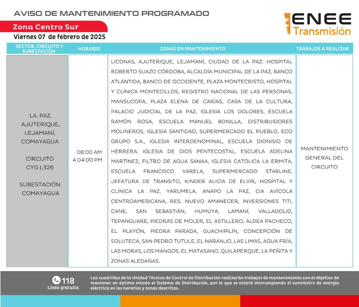 Zonas de Honduras que no tendrán luz este viernes 7 de febrero