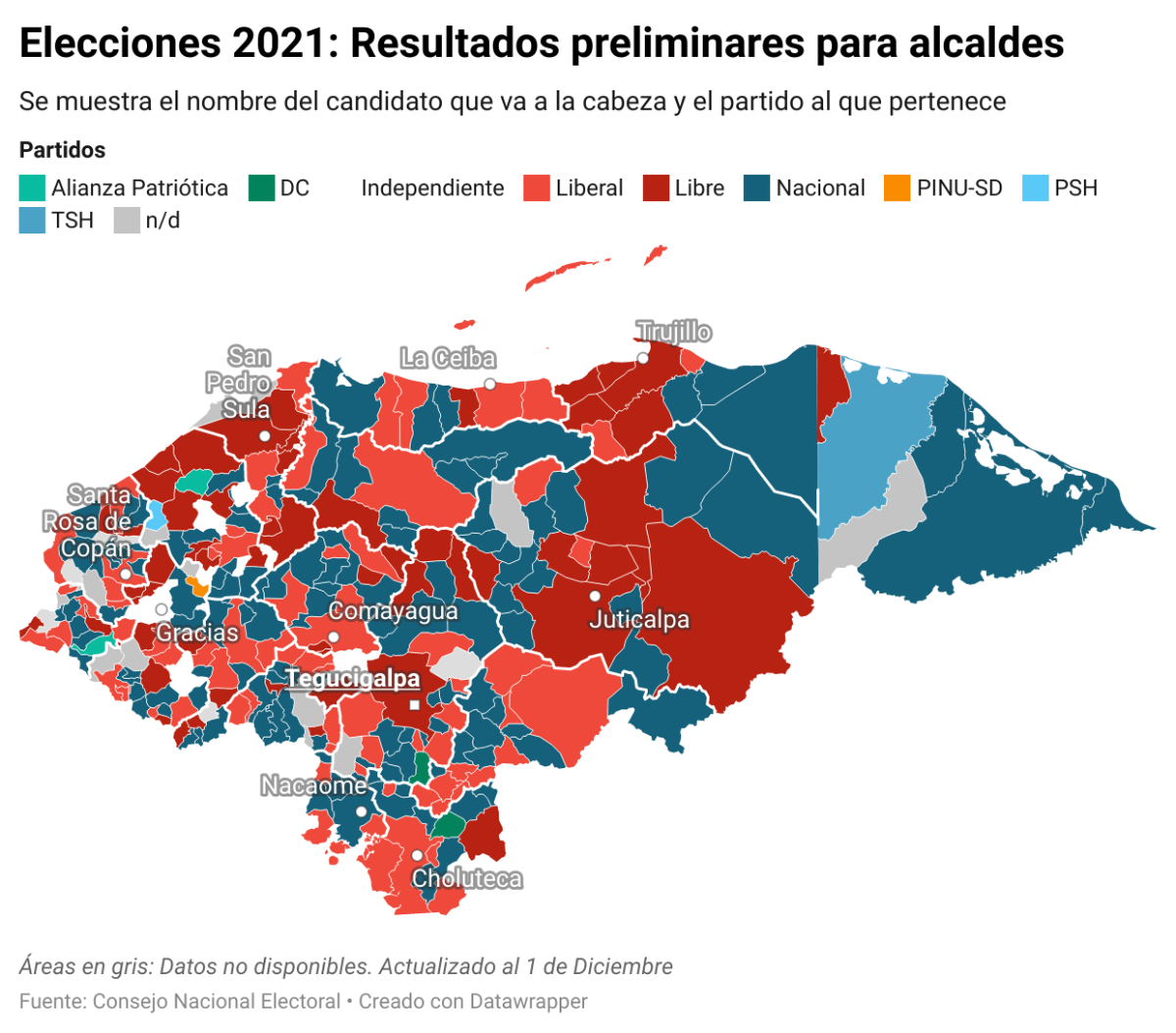 El mapa que muestra los resultados para alcaldes en cada municipio