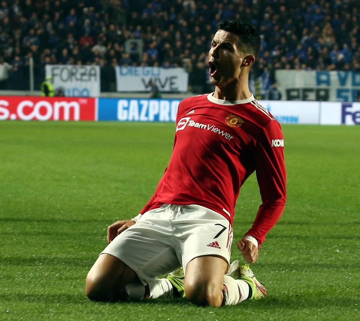 La celebración eufórica del astro portugués tras su doblete al Atalanta.