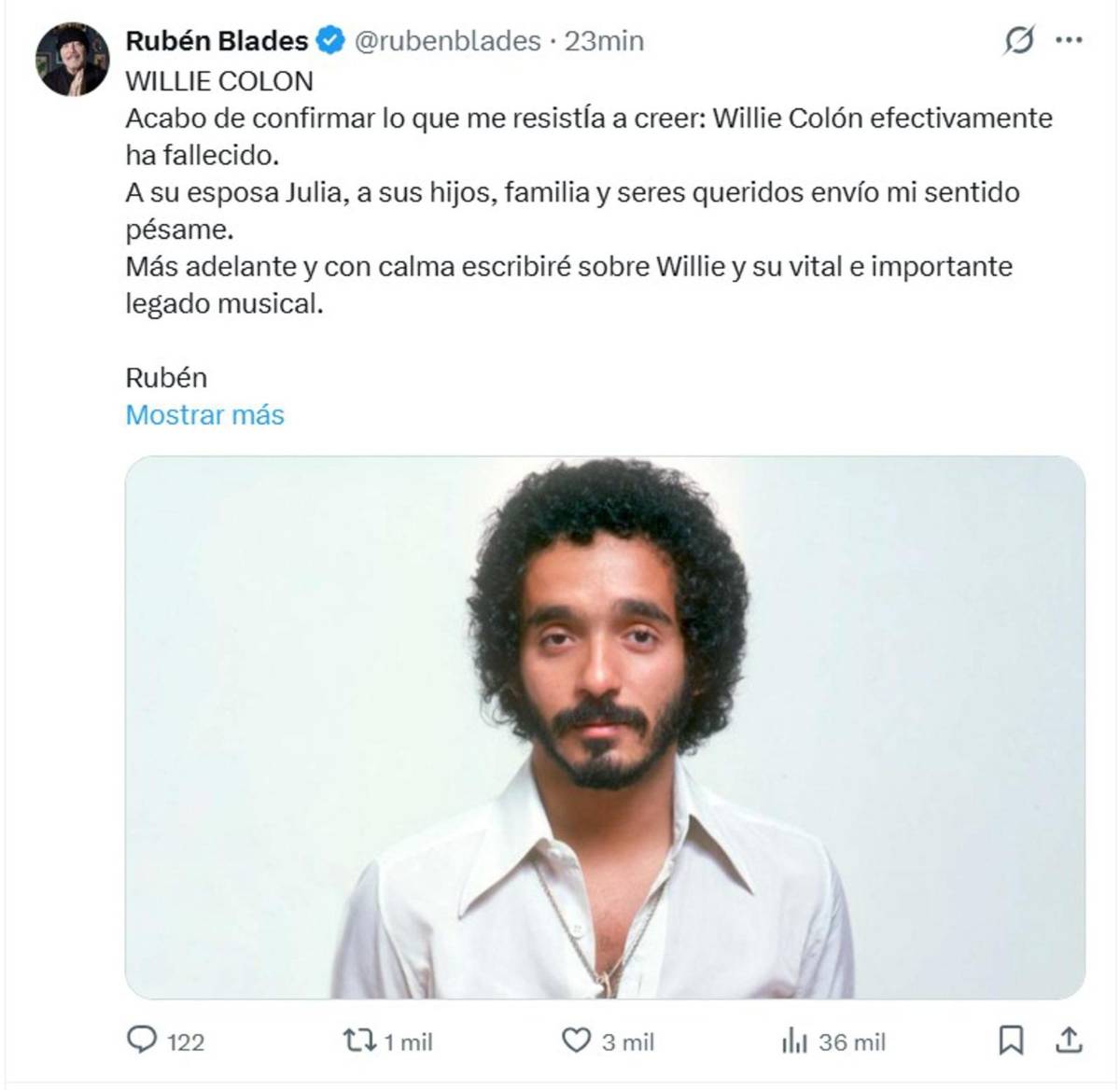 Carlos Vives y Grupo Niche, entre otros artistas, despiden a Willie Colón