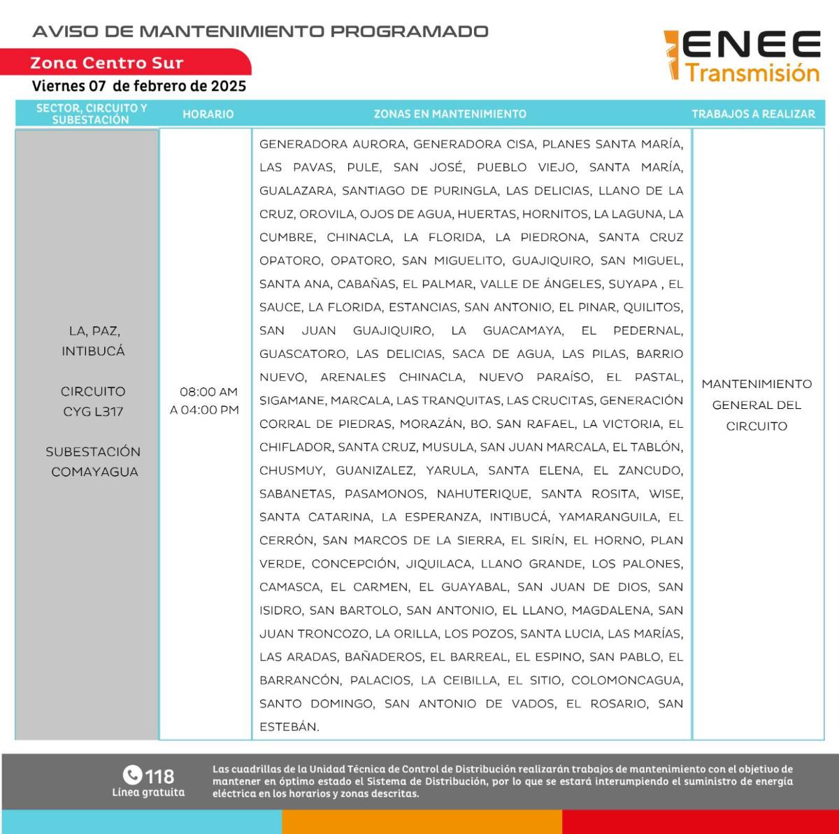 Zonas de Honduras que no tendrán luz este viernes 7 de febrero