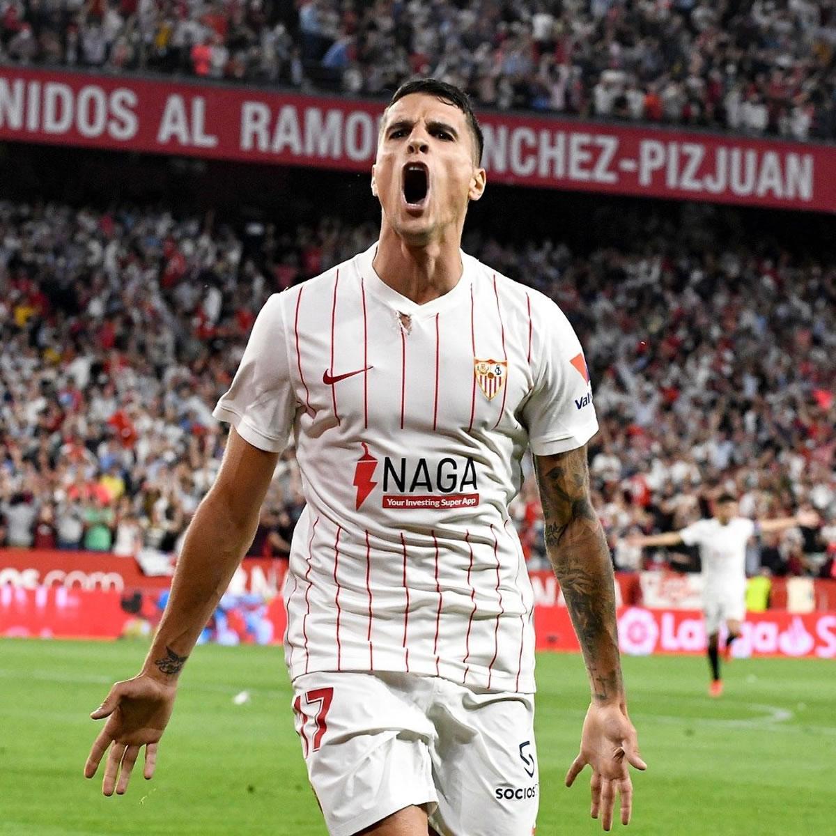 Erik Lamela gritando su gol que significó el 2-0 del Sevilla.
