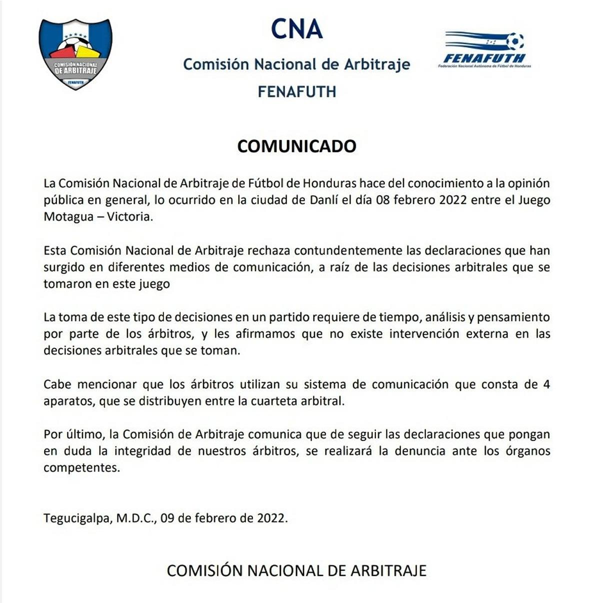 El comunicado de la Comisión Nacional de Arbitraje.