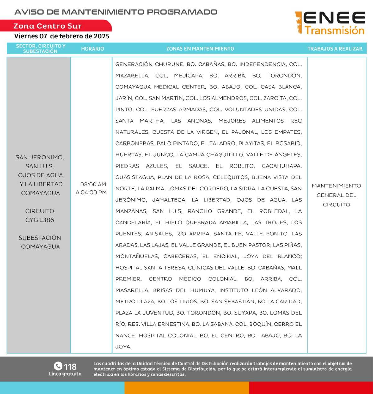 Zonas de Honduras que no tendrán luz este viernes 7 de febrero