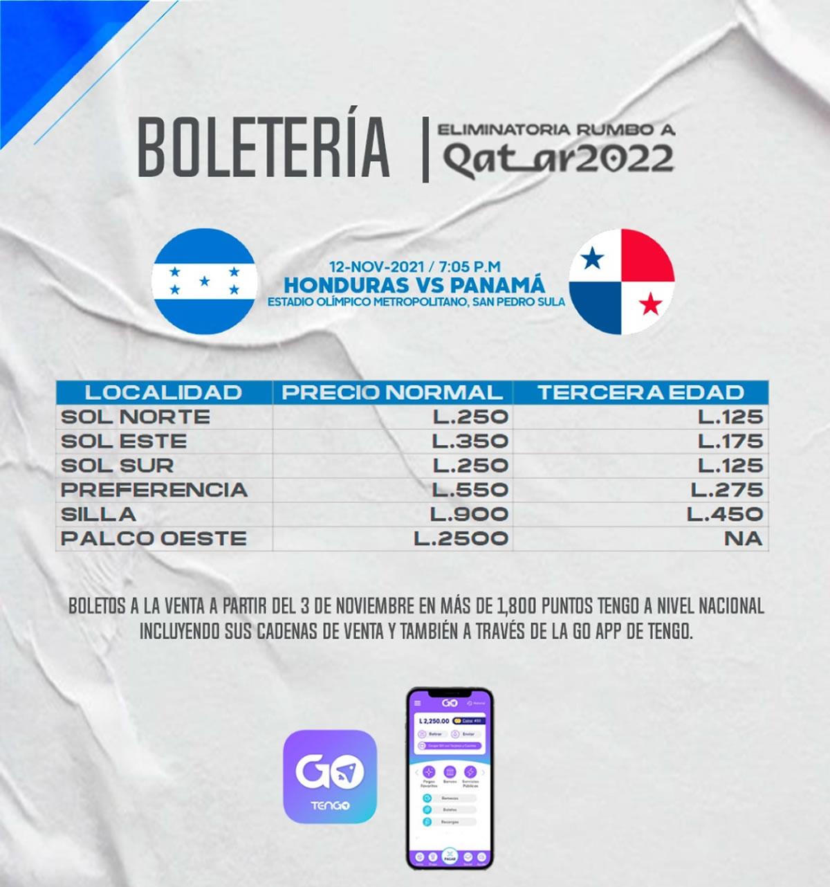 El precio de los boletos para el partido Honduras-Panamá.