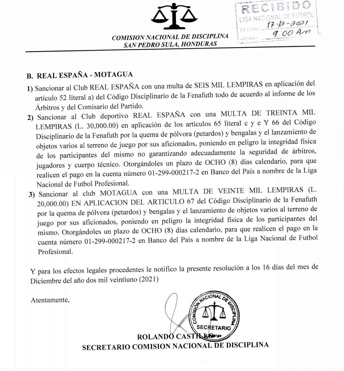 Las sanciones del otro partido Real España-Motagua.