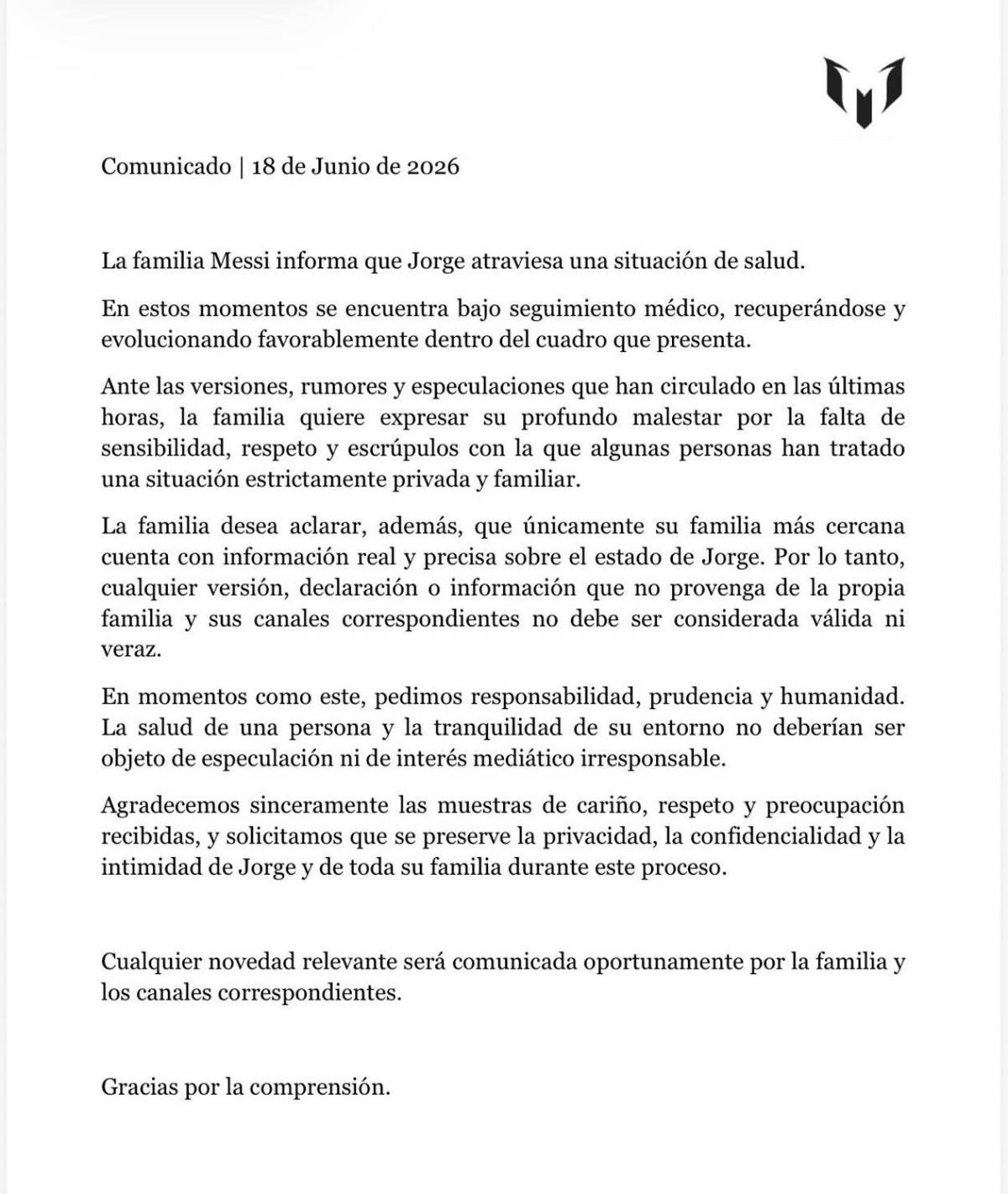 Revelan estado de salud del padre de Messi: fuerte comunicado tras rumor sobre su muerte
